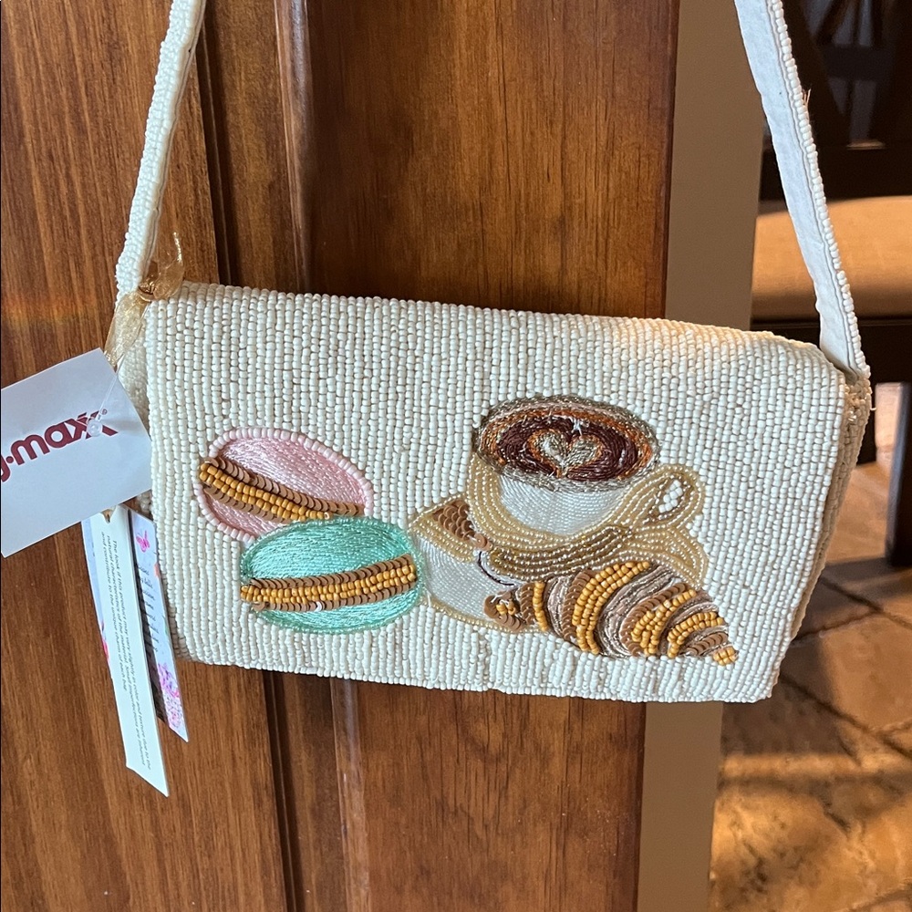 Chic Beaded Cream Clutch with Coffee Design